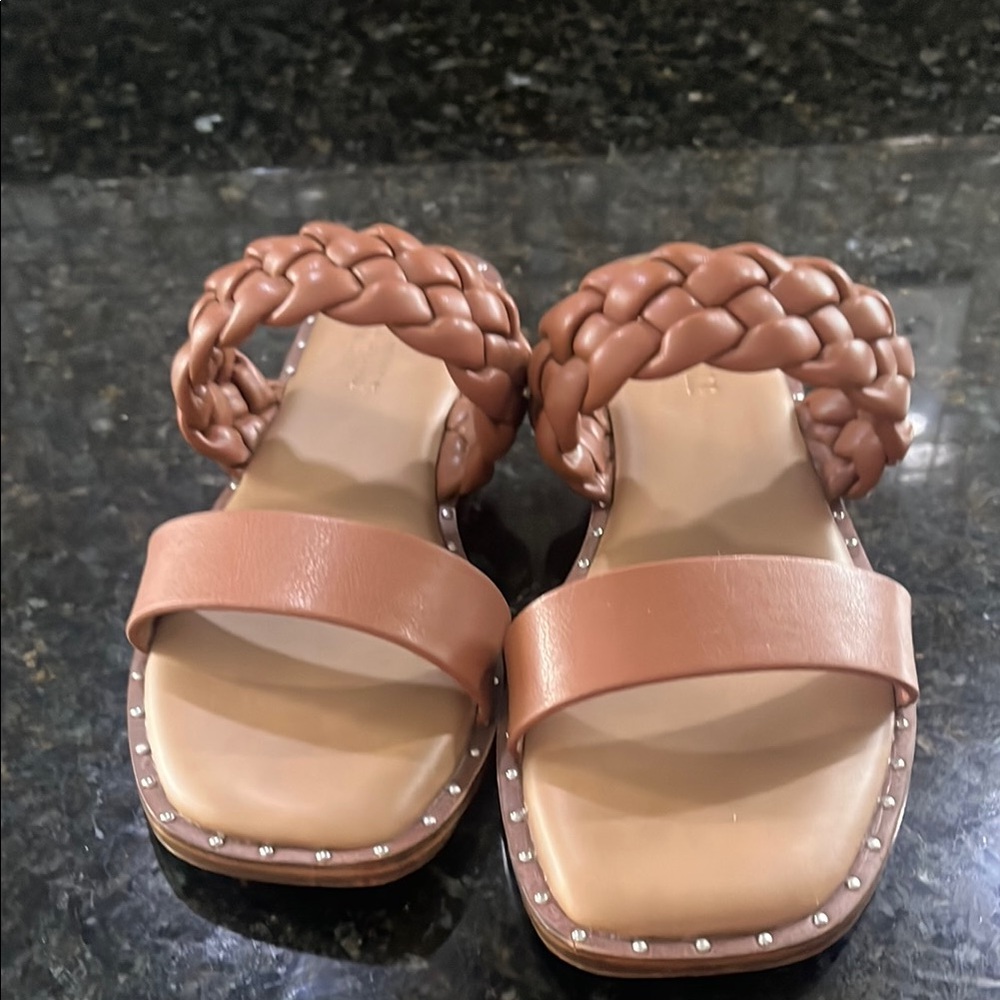 Tan Braided Leather Sandals with Square-Toe Design